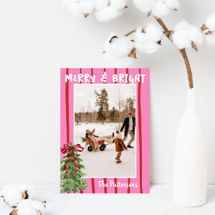 Quirky Hand Drawn Bold Retro Pink Photo Christmas Holiday Card