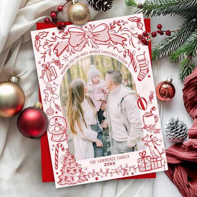 Quirky Hand Drawn Bow Pink and Red Photo Christmas Holiday Card (Bright colorful pink and red Christmas doodles hand drawn scribble illustration 2 photo holiday card)