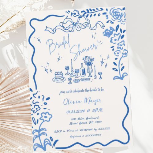 Quirky Hand Drawn Bow Scribble Wavy Bridal Shower Invitation