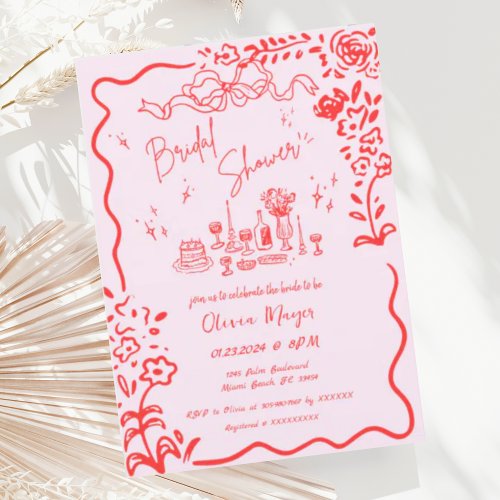 Quirky Hand Drawn Bow Scribble Wavy Bridal Shower Invitation