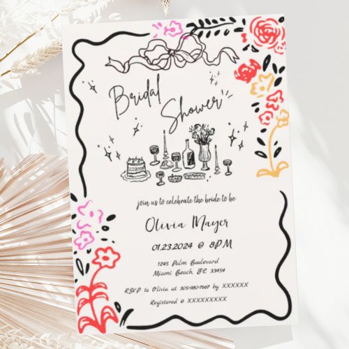 Quirky Hand Drawn Bow Scribble Wavy Bridal Shower Invitation