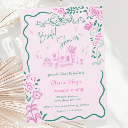 Quirky Hand Drawn Bow Scribble Wavy Bridal Shower Invitation