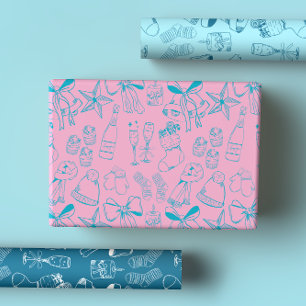 Quirky Hand Drawn Bows & Bubbly Pink & Blue Xmas Wrapping Paper Sheets