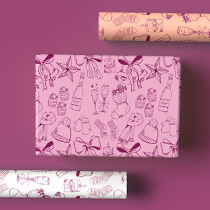 Quirky Hand Drawn Bows & Bubbly Pink Xmas Party Wrapping Paper Sheets