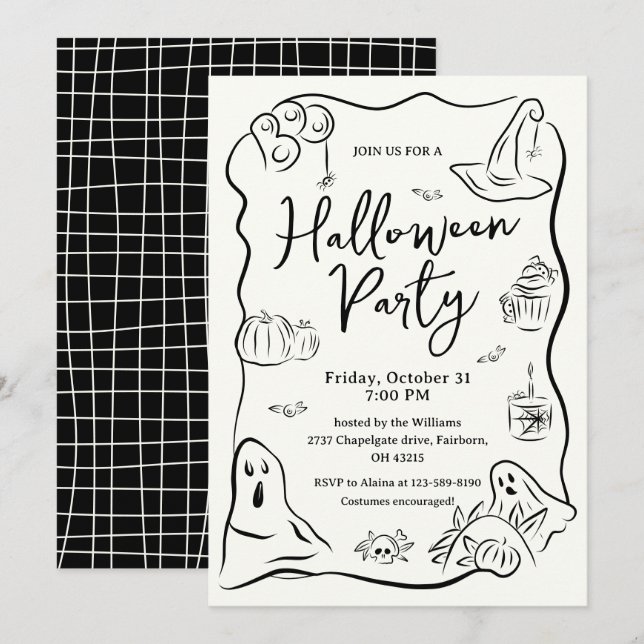 Quirky Hand Drawn Doodle Halloween Party  Invitation (Front/Back)
