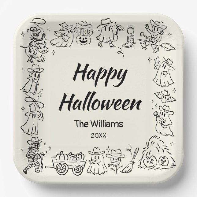 Quirky Hand Drawn Doodles Happy Halloween Paper Plates (Front)