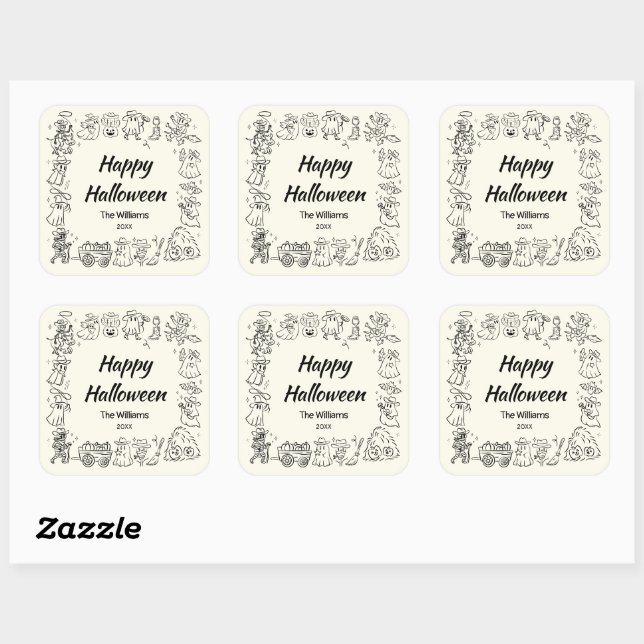 Quirky Hand Drawn Doodles Happy Halloween Square Sticker (Sheet)
