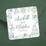 Quirky Hand Drawn Emerald Green Whimsical Wedding Square Sticker<br><div class="desc">Personalized Hand-Drawn Quirky Wedding Stickers. These fun and playful square wedding stickers feature quirky doodle illustrations surrounding the design, all in a vibrant emerald green theme. Elements like a champagne tower, wedding cake, disco ball, hearts, wedding bells, rings, cameras, and more create a whimsical and celebratory vibe. The bride and...</div>