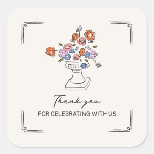 Quirky Hand Drawn Floral Urn Bridal Shower Square Sticker