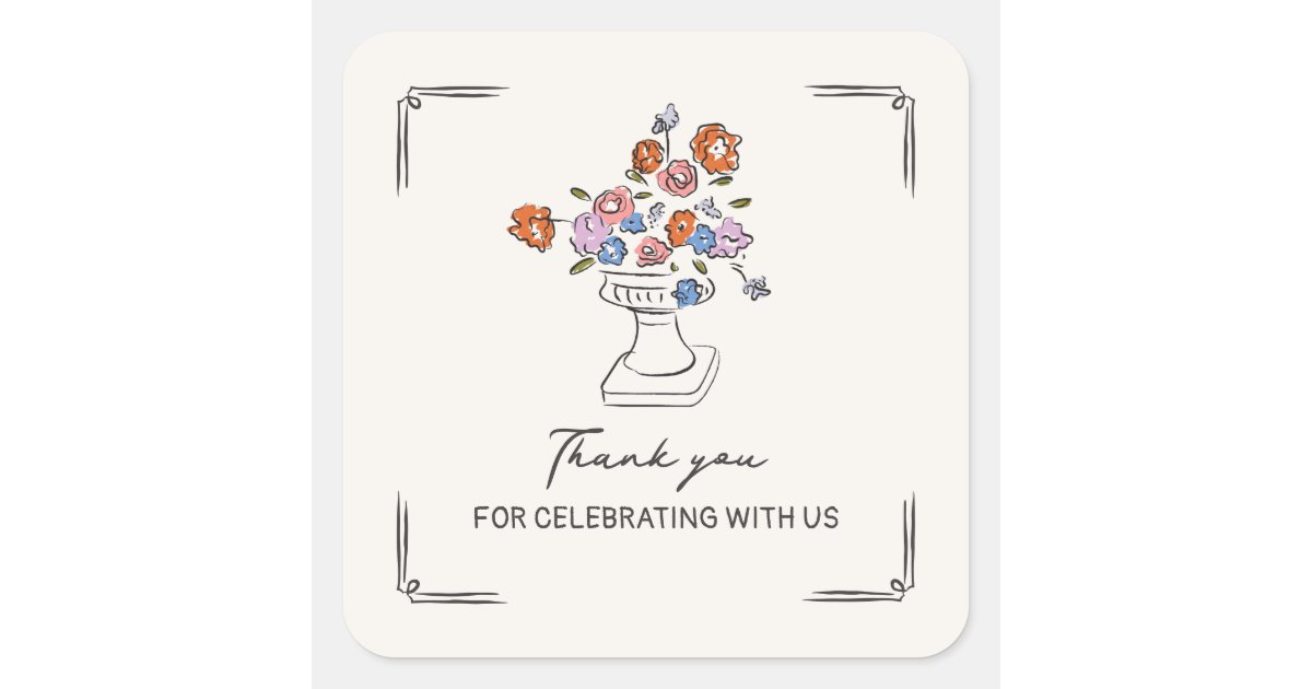 Urn Sticker Quirky Hand Drawn Floral Urn Bridal Shower Square Sticker | Zazzle