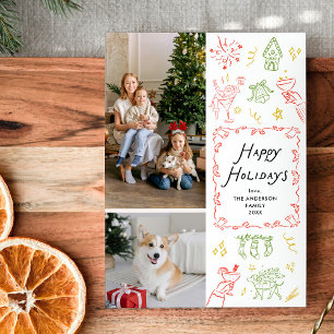 Quirky Hand Drawn Icons Happy Holidays 2 Photo Holiday Card