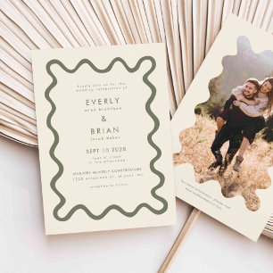 Quirky Hand Drawn Line Olive Green Wedding Invitation