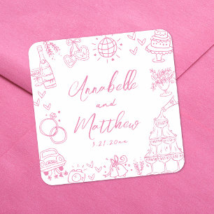 Quirky Hand Drawn Pink Whimsical Wedding Square Sticker