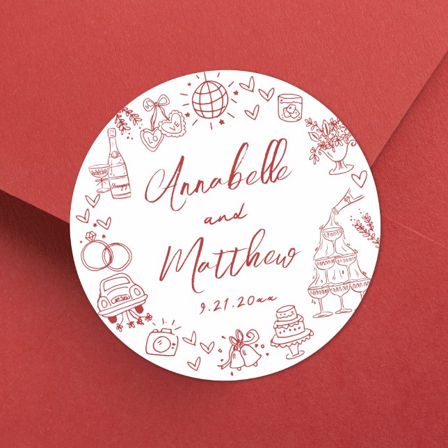 Quirky Hand Drawn Red Whimsical Wedding Classic Round Sticker (Quirky Hand Drawn Red Whimsical Wedding Classic Round Sticker )