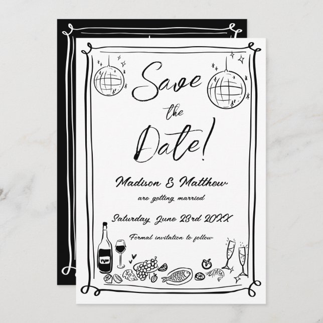 Quirky Hand Drawn Scribble Doodles Wedding  Save The Date (Front/Back)