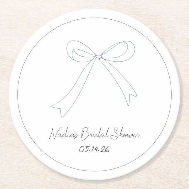 Quirky Hand Drawn Sketch Style Bow Bridal Shower  Round Paper Coaster (Front)