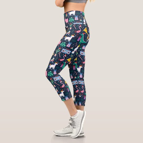 Quirky Holiday Animals and Icons Pattern Capri Leggings