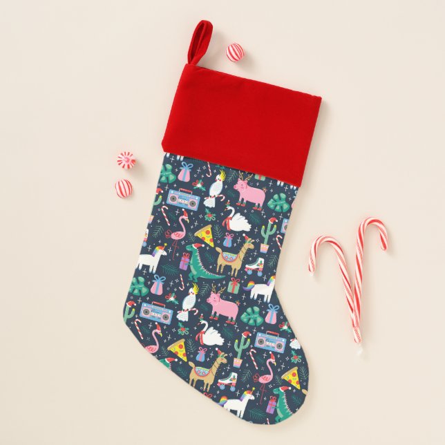 Quirky Holiday Animals and Icons Pattern Christmas Stocking (Front)