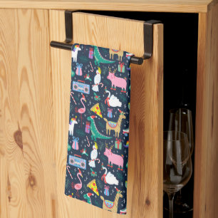 Quirky Holiday Animals and Icons Pattern Kitchen Towel