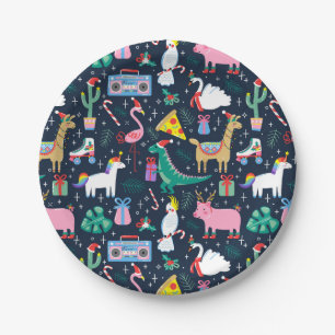 Quirky Holiday Animals and Icons Pattern Paper Plates