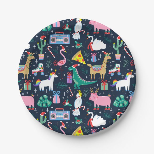 Quirky Holiday Animals and Icons Pattern Paper Plates (Front)