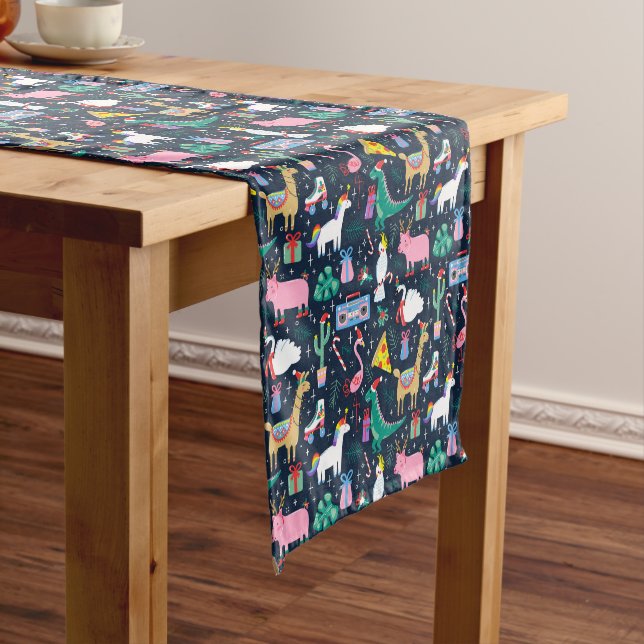 Quirky Holiday Animals and Icons Pattern Short Table Runner (In Situ)