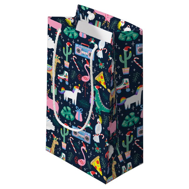 Quirky Holiday Animals and Icons Pattern Small Gift Bag (Front Angled)