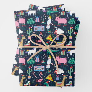 Quirky Holiday Animals and Icons Pattern Wrapping Paper Sheets