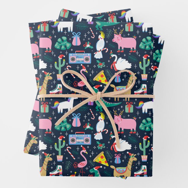 Quirky Holiday Animals and Icons Pattern Wrapping Paper Sheets (In situ)