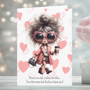 Quirky Hot Mess Girl Pink Hearts Valentine's Day Holiday Card