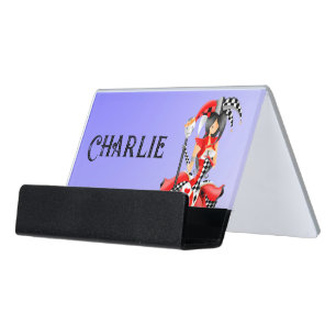 Quirky Jester and Puppet King Red Blue  Desk Business Card Holder