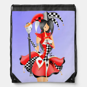 Quirky Jester and Puppet King Red Blue Drawstring Bag