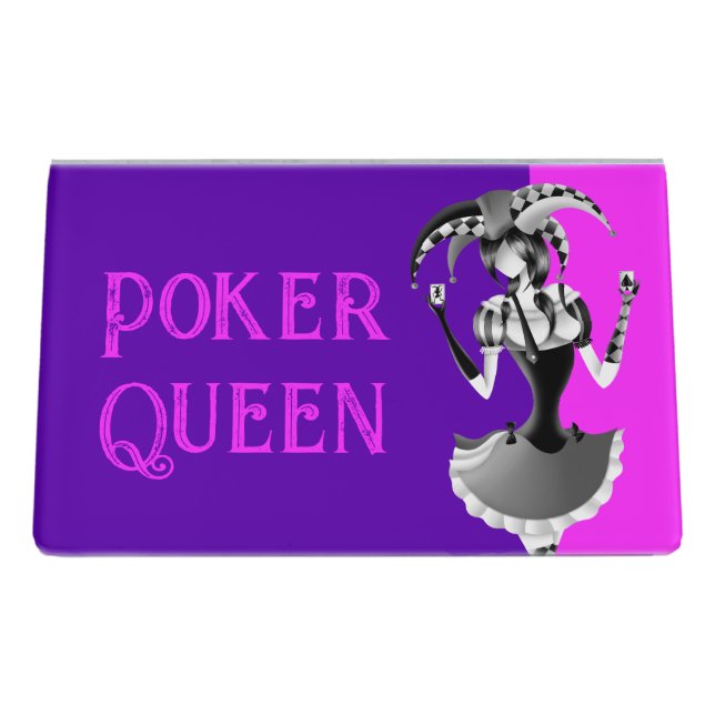 Quirky Jester Holding two Playing Cards  Desk Business Card Holder (Back)