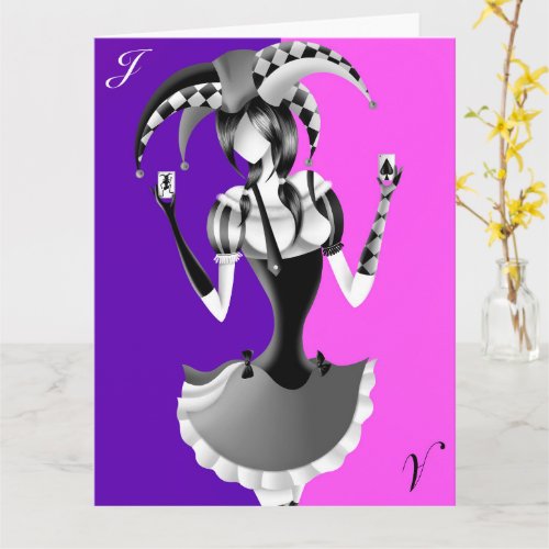 Quirky Jester  pink and purple Greetings Card