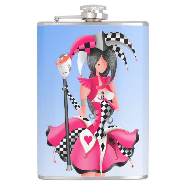 Quirky Jester & Puppet King Red Flask (Front)