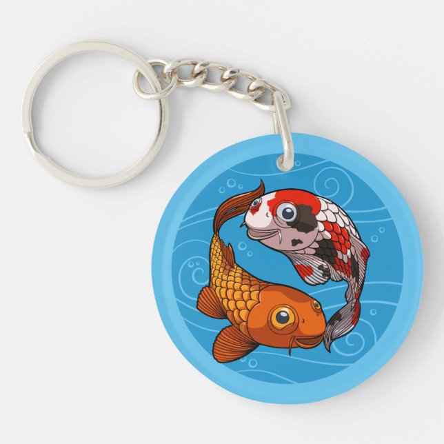Quirky Koi Carp Yin Yang Design Fish Illustration Keychain (Front)