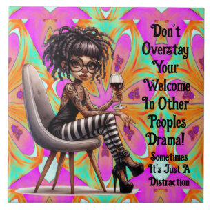 Quirky Lady Tattoos & Wine Drama Ceramic Tile