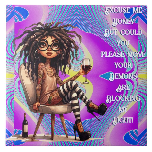 Quirky Lady Tattoos & Wine Light  Ceramic Tile (Front)