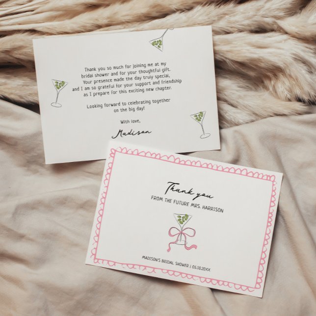 Quirky Martini Bow Hand Drawn Bridal Shower Thank You Card (Creator Uploaded)