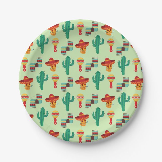 Quirky Mexican Cactus and Sombrero Pattern Paper Plates (Front)