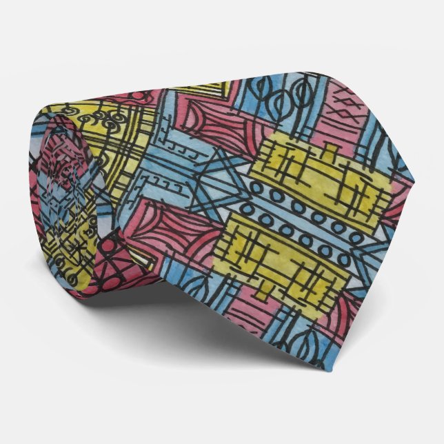 Quirky-Modern Bauhaus Geometric Pattern Neck Tie (Rolled)
