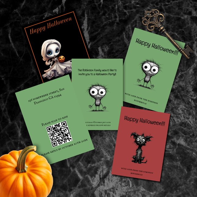 Quirky Monster Happy Halloween Card (Cute and Quirky Halloween Designs.  Front and Back views.)