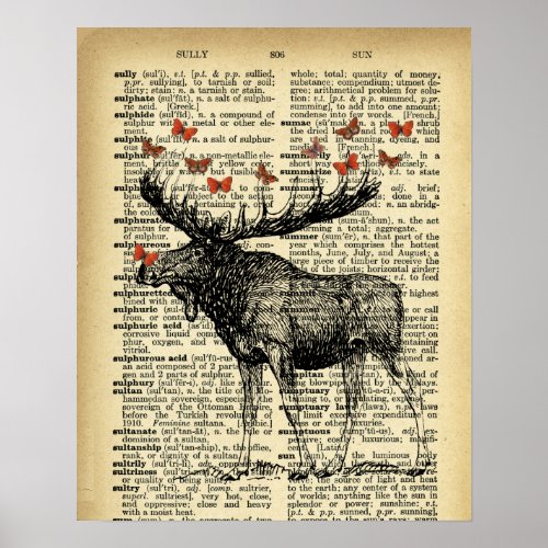 Quirky Moose Apples Antique Dictionary Page Art Poster