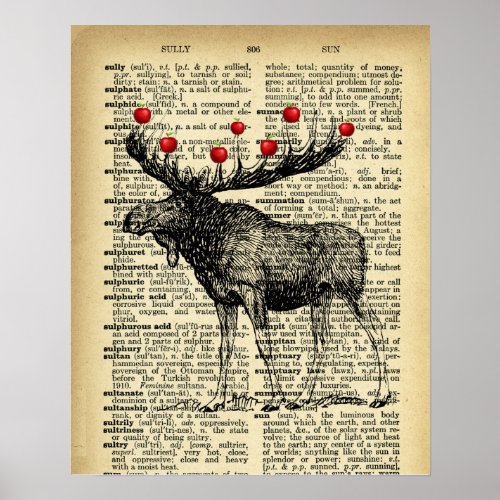 Quirky Moose Butterflies Antique Dictionary Page Poster