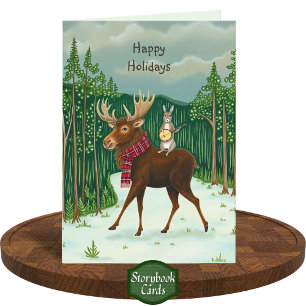 Quirky Moose Rabbit Forest Winter Scene Christmas Card