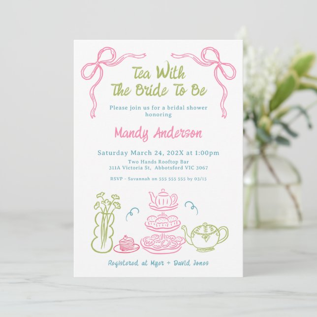 Quirky Multicolored Hand Drawn Tea Bridal Shower Invitation (Standing Front)