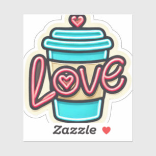 Quirky Neon Cartoon Coffee Cup Love Die-Cut Sticker