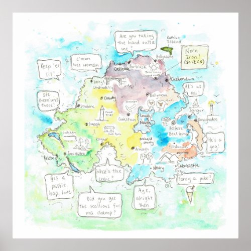 Quirky Northern Ireland map with sayings Poster