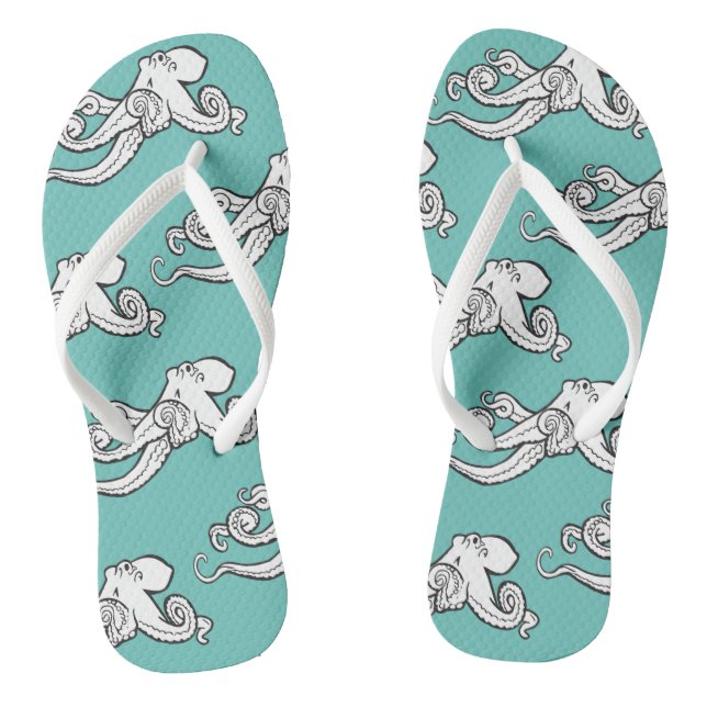 Quirky Octopus Sketches Pattern Teal Flip Flops (Footbed)