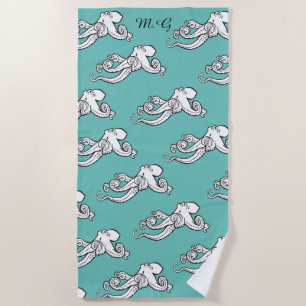 Quirky Octopus Sketches Pattern Teal Monogrammed Beach Towel